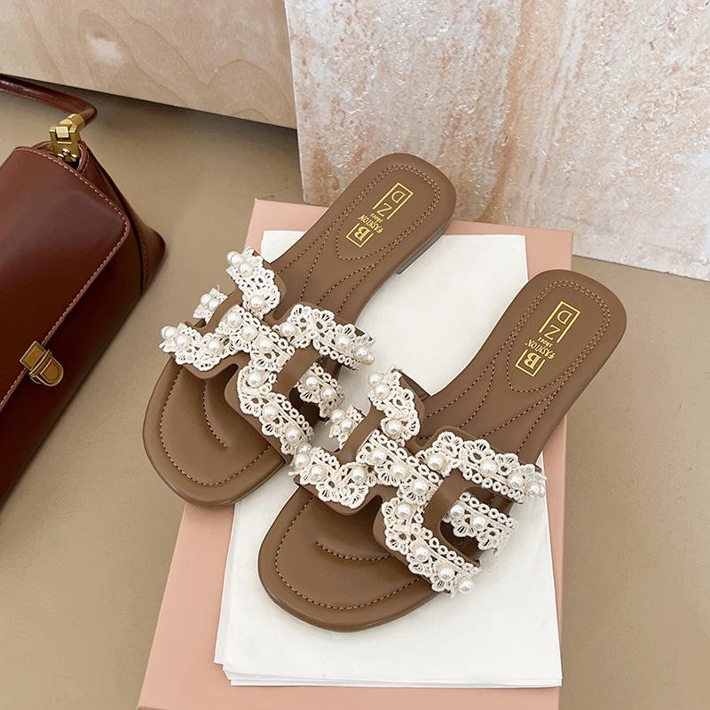 

Жемчужные шлепанцы женские летние 2025 новая мода плоская подошва один ремешок пляжные прохладные шлепанцы 40 хаки