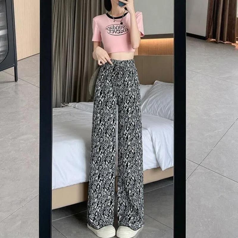 Korean Fashion Summer New Women's Elastic Waist Tie Dye Simplicity Casual Breathable Loose High Waist Straight Wide Leg Pants