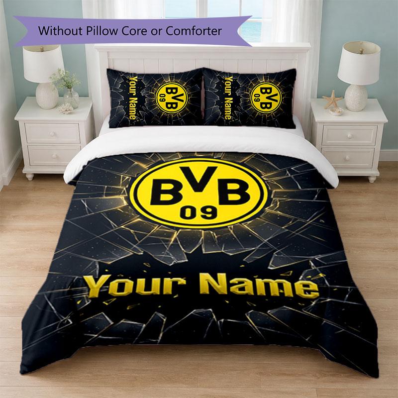 Set Biancheria da Letto Personalizzato Borussia Dortmund con Nome Testo 1 Copripiumino+2 Federe Logo Calcio Regalo Personalizzato per Occasioni Speciali Decorazione Camera da Letto