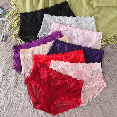 High Elasticity Sexy Lace Women's Mid Waist Triangle Underwear Mesh Seamless Underwear Women's Pure Cotton Panties