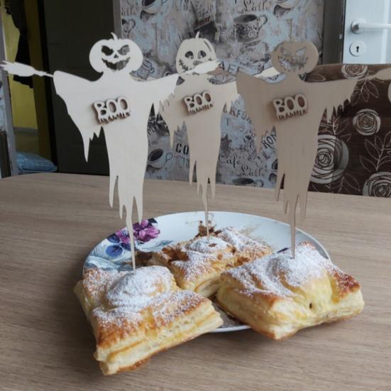 3 Pcs Halloween Cupcake Toppers Spooky Pumpkin Ghost Wooden Cupcake Pick for Halloween Theme Baby Shower Birthday Party Cake Decoration
