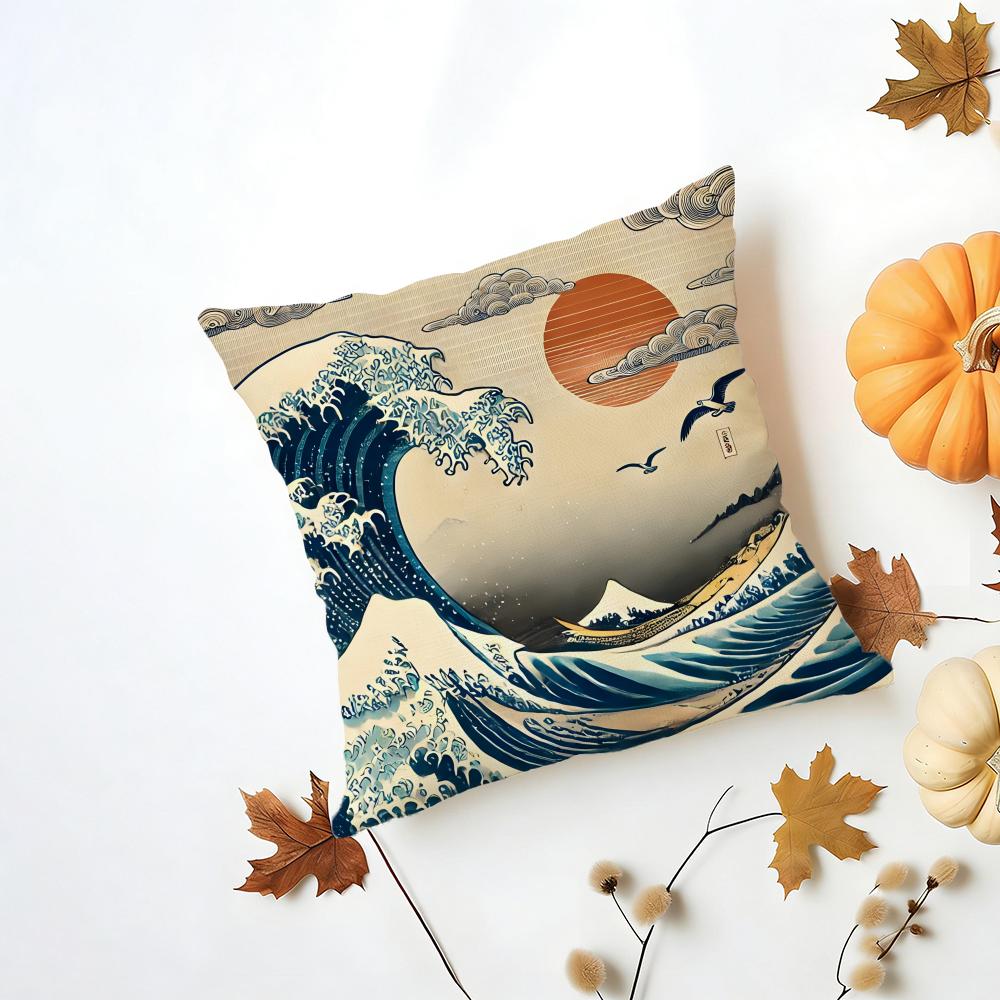 HHokusai Great Wave Cushion Cover Washable Linen Pillowcase Soft  for Daily Sofa Bed Home Room Decor
