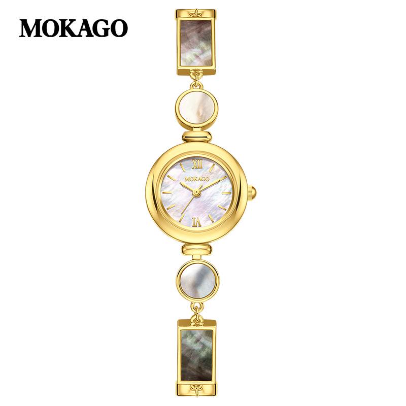 MOKAGO Black & White Mother-of-Pearl Women s Quartz Watch - Geometric Copper Chain, Light Luxury, Small Round Dial, High-End, Waterproof.