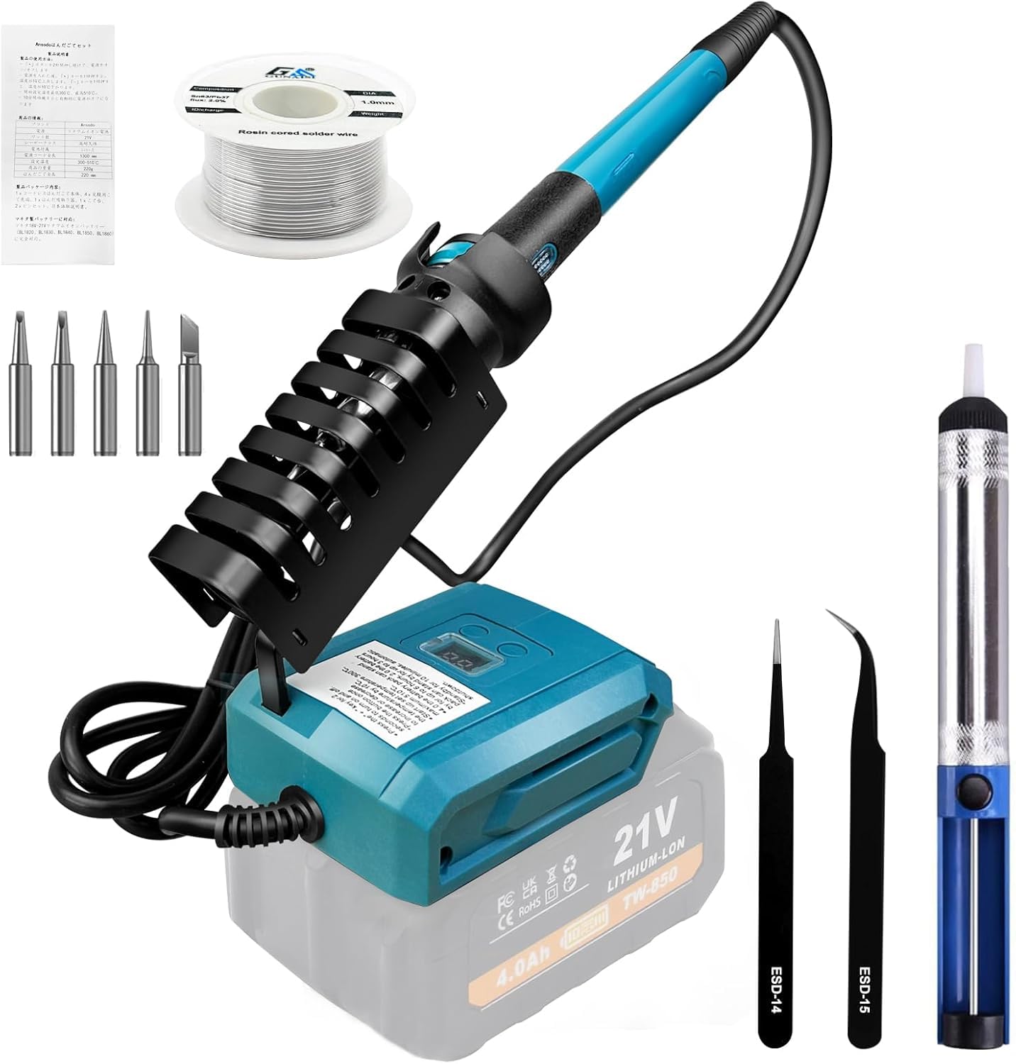 

VKE Soldering Iron 100W Cordless Soldering Digital Temperature Rapid Heating Compatible with Includes Curved and Straight Fully Equipped Soldering синий