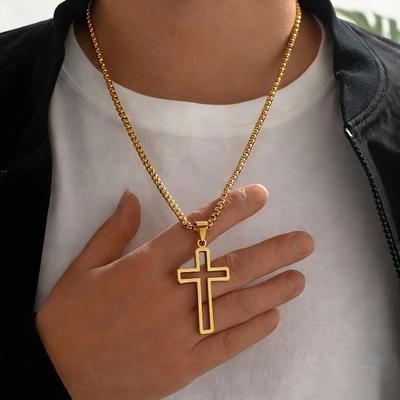Men'S Stainless Steel Cross Necklace In European And American Style, a Trendy Accessory for Hip-Hop And Rap, Perfect for Everyday Outfits