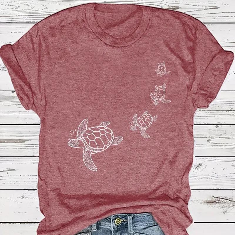 Women Summer T Shirt  Print Turtle Print  Short Sleeve Tees Casual   Printed  Tops