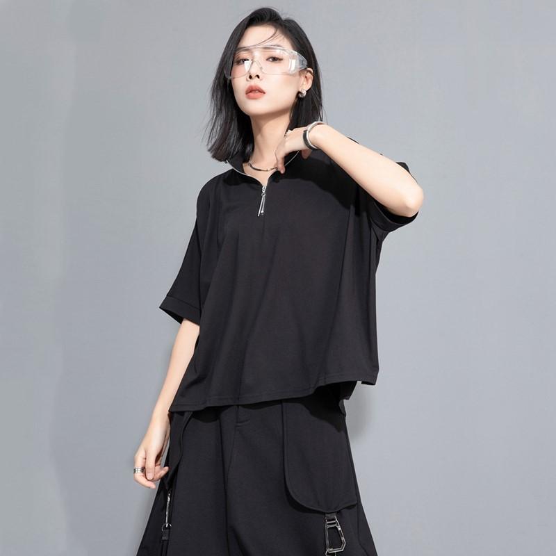 Tricou de vară casual larg supradimensionat cu mânecă scurtă Negru vintage Topuri tricou Femei