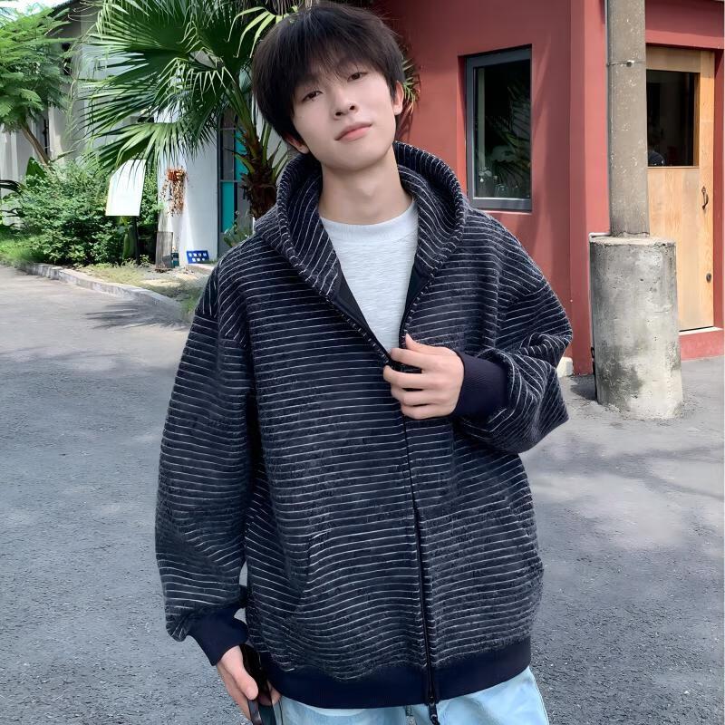 

Men s Japanese Style Striped Hooded Zip-Up Cardigan S
