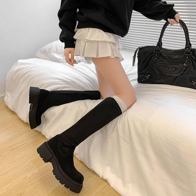 Autumn and winter leather knight boots women's sleeve cowhide large size women's boots solid color non-slip cowhide high heel thick-soled high boots