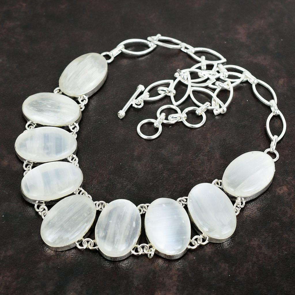 Selenitový náhrdelník drahokam ručně vyrobený náhrdelník náhrdelník ze sterlingového stříbra 925 nastavitelný řetízek náhrdelník dárky pro manželku krásné stříbrné šperky