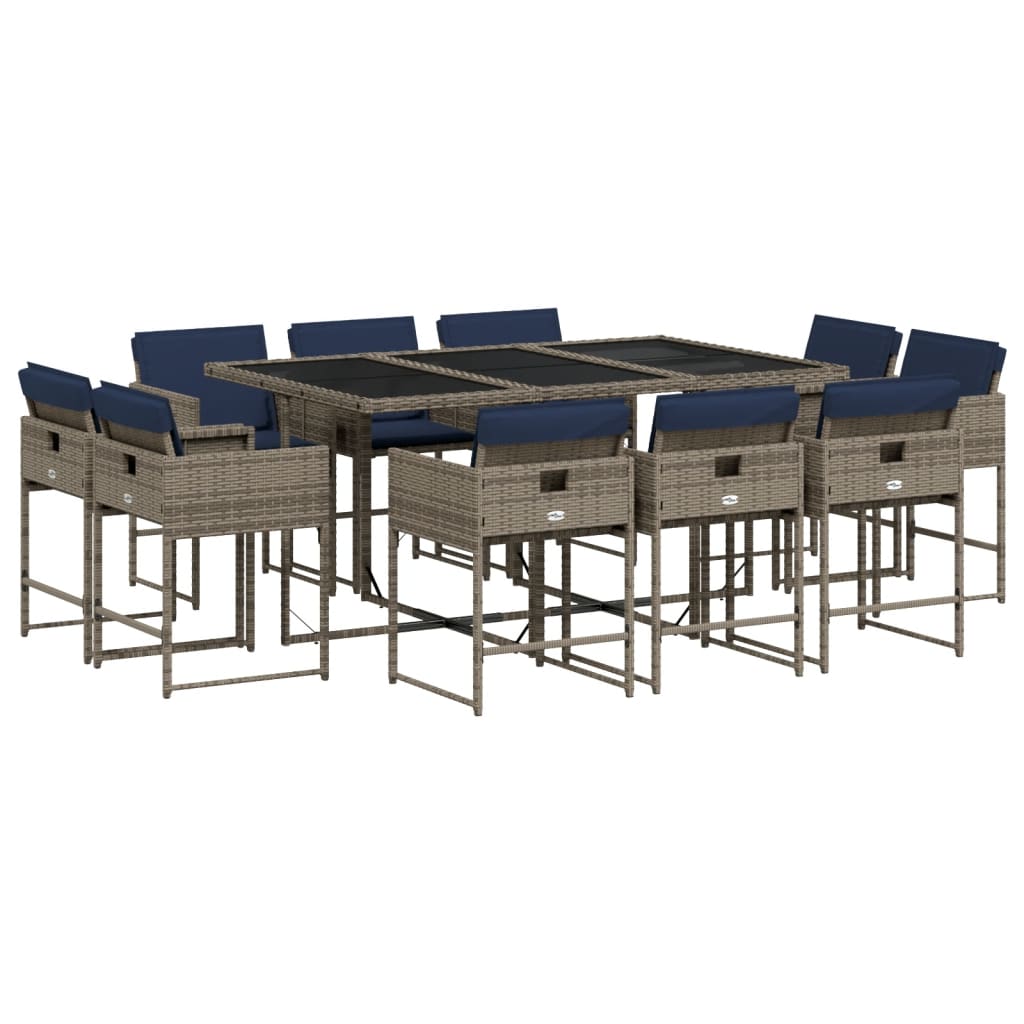 11 Piece Garden Dining Set with Cushions Gray Poly Rattan