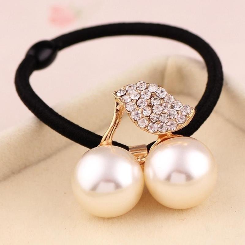 1Pc Women Girls Cherry Leaves Pearl Fashion Hair Rope Ladies Red and White Hair Accessories (Color Random)