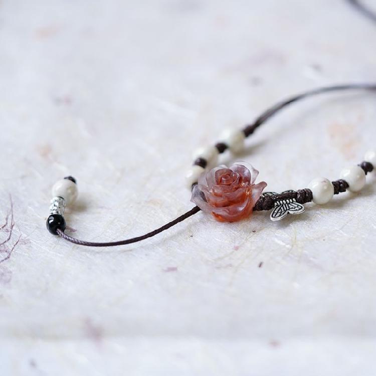 Retro Style Chinese Butterfly Clavicle Chain Adjustable Beaded Collar Chain Fashion Camellia Flower Ceramic Necklace