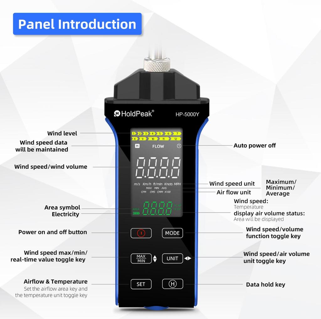 Handhold 5000Y Thermal Energy Induction Anemometer, Hot-Wire Airflow Sensor Measurement, Low Velocity Air Detection Tester Tools
