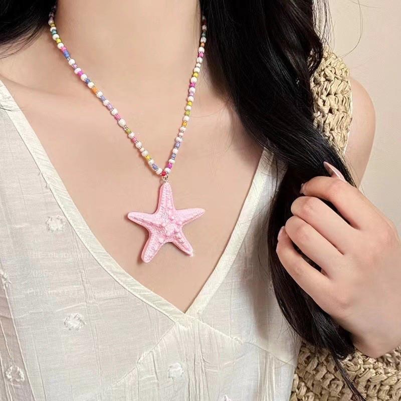 Sea Star Long Beaded Necklace With Alloy Pendant For Summer Beachwear Jewelry