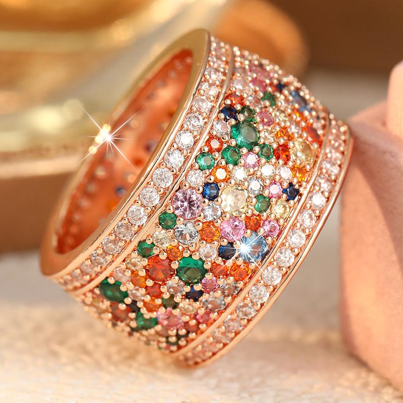 Luxury Inlaid Multicolored CZ Women's Ring Shine Gold Color Geometry Daily Wear Party Jewelry Anniversary Gift