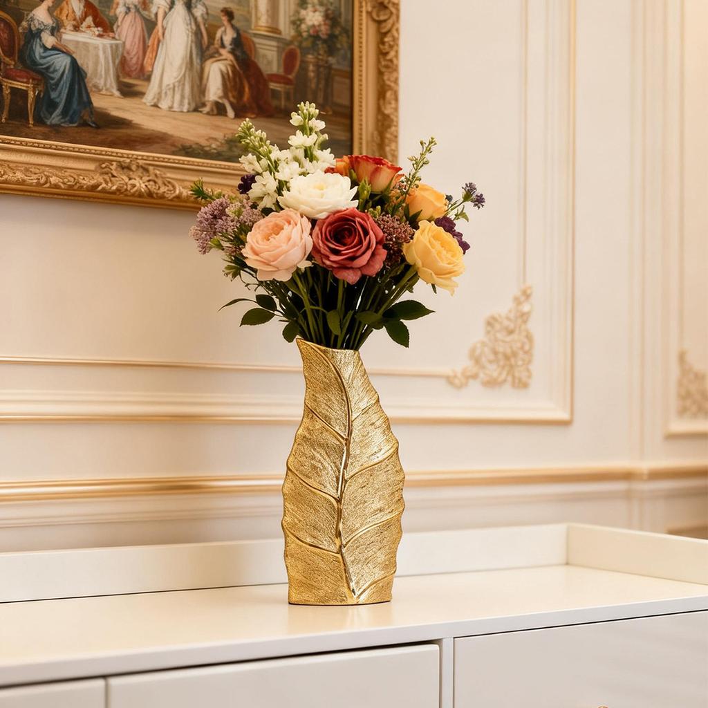 Goldene Blattvase Europäischer Stil Heimdekoration Keramikvase Wohnzimmer Eingangsbereich Handwerk Dekoratives Ornament Blumenhalter