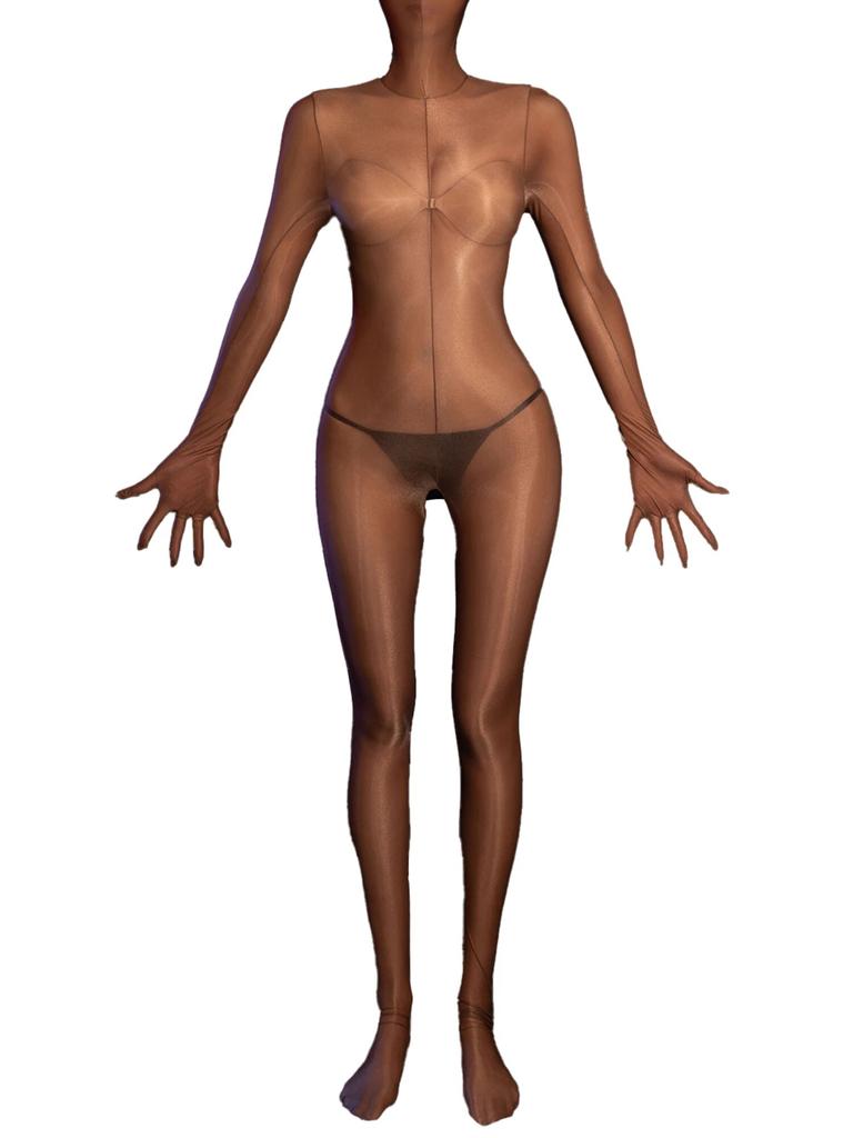 Womens Glossy Sheer Bodystocking Bodysuit Fully Head Hands Covering Crotchless See-Through Tempting Teddies Lingerie Nightwear