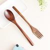 2Pcs Wooden Spoon Fork Dinnerware Set Long Handle Rice Soup Dessert Spoon Japanese Style Dinner Spoon and Fork Set Wood Cutlery