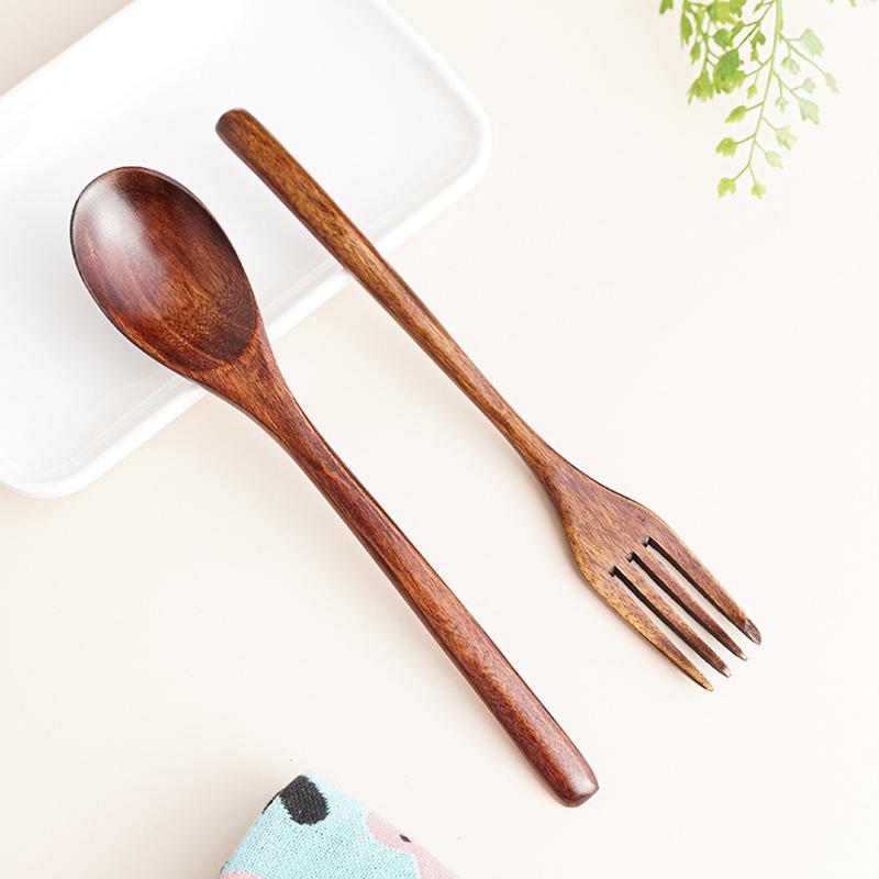 2Pcs Wooden Spoon Fork Dinnerware Set Long Handle Rice Soup Dessert Spoon Japanese Style Dinner Spoon and Fork Set Wood Cutlery