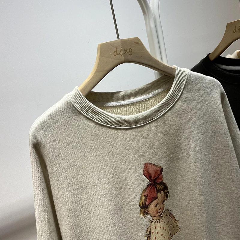 Sweatshirt for Women Oversize Fleece Thickened Loose Round Neck Casual Cartoon Pullover Long Sleeve Winter Sweatshirt Top