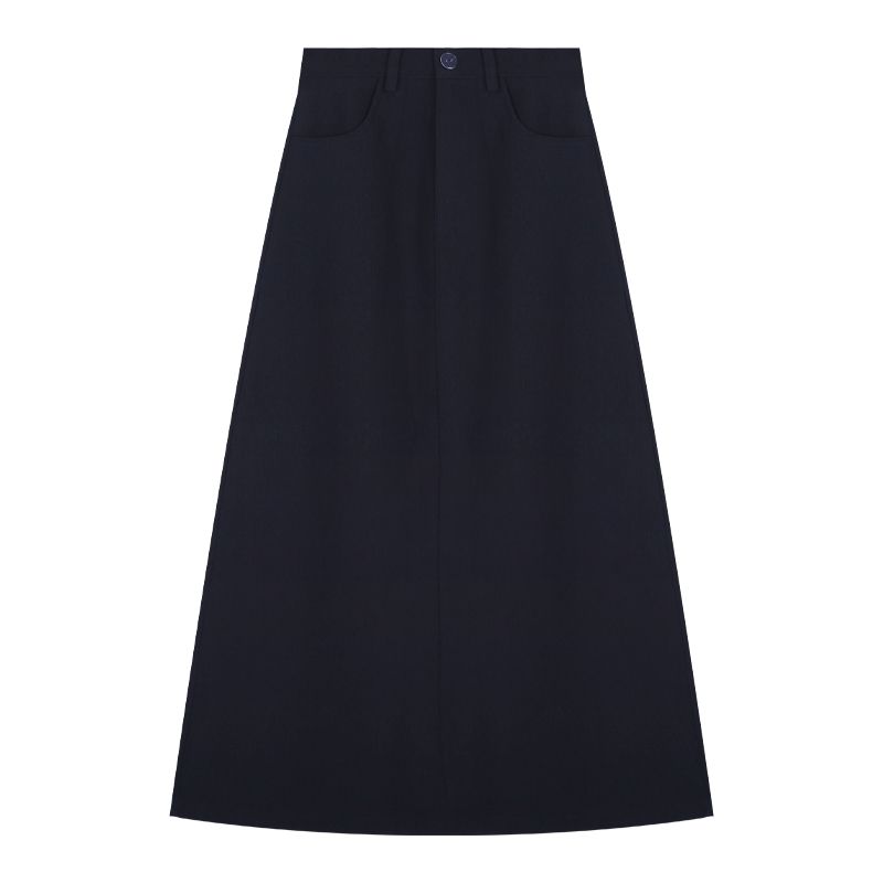 

Stitching School Style Sweater Knitwear High Waist Fake Two-Piece Navy Blue Skirt L