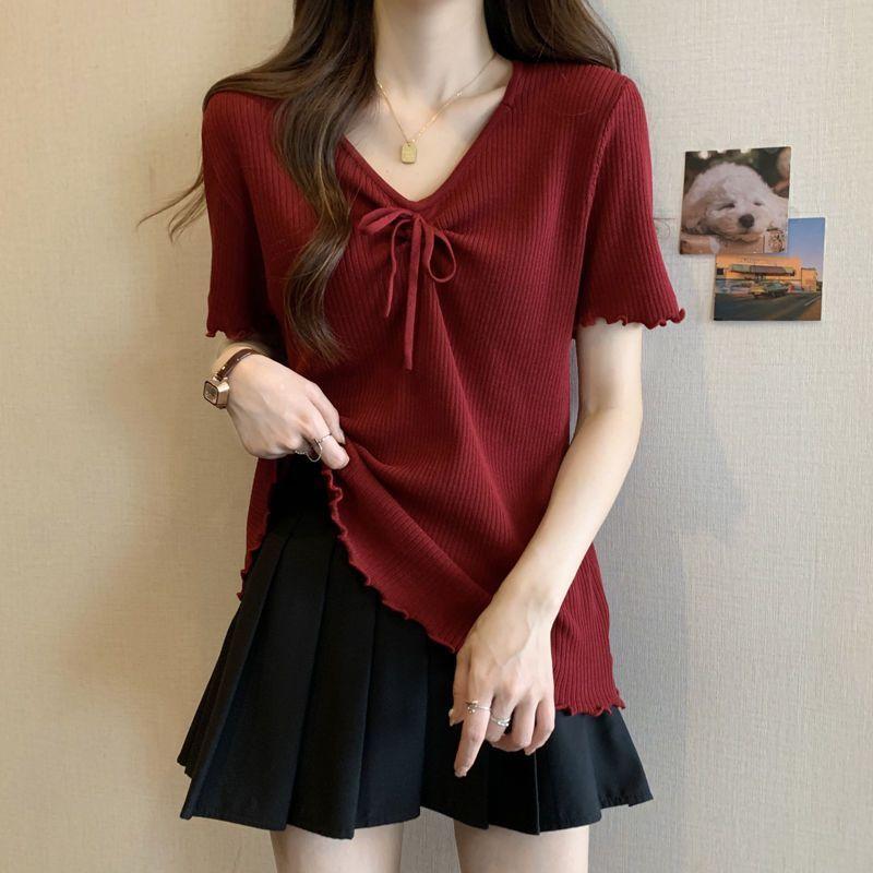 Women's V Neck Drawstring Ruched Short Sleeve Top, Waffle Knit Ruffle Edge Casual Summer Tee