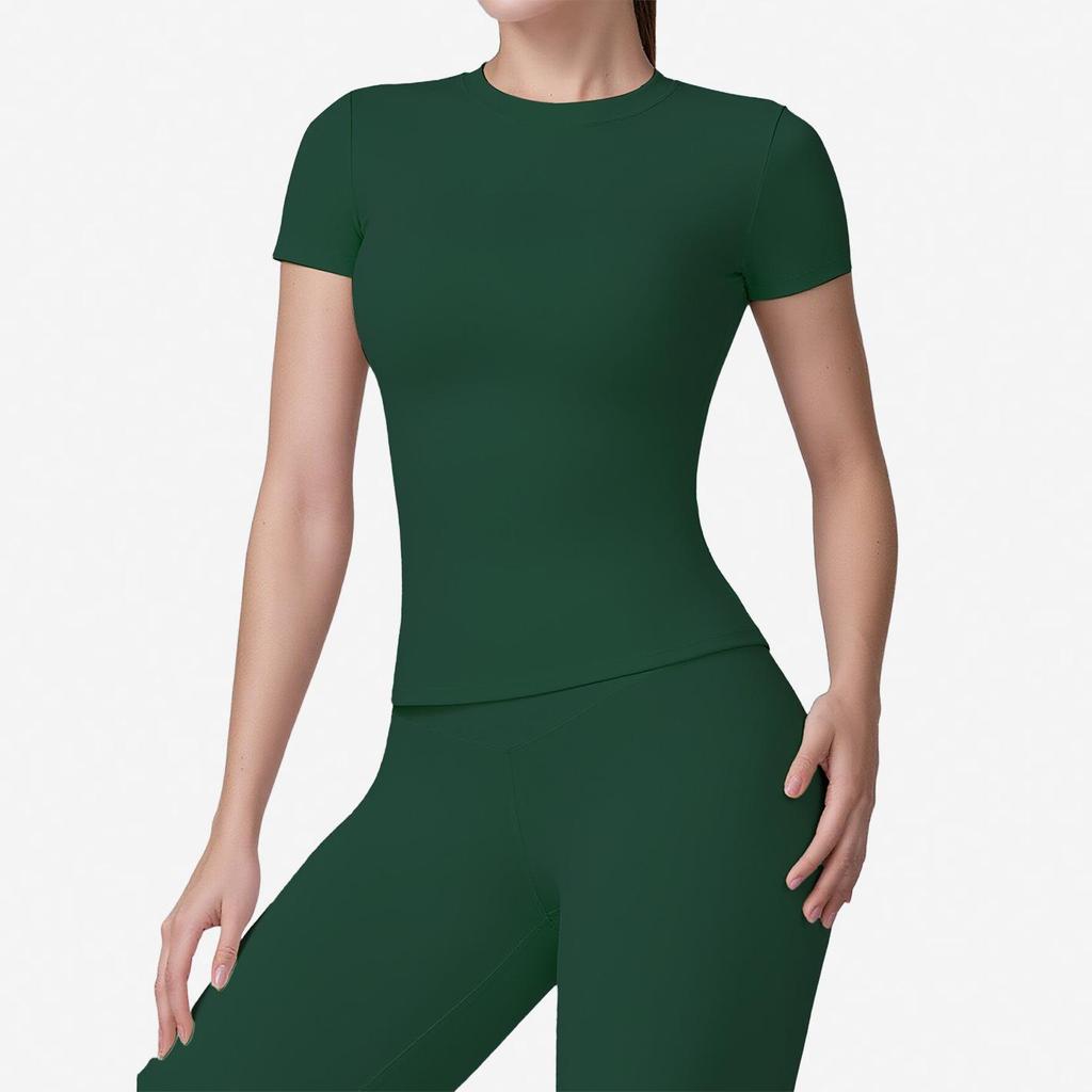 Women's Plain Round Neck Quick-Dry Yoga T-Shirt - Summer Slim Fit Fitness Top