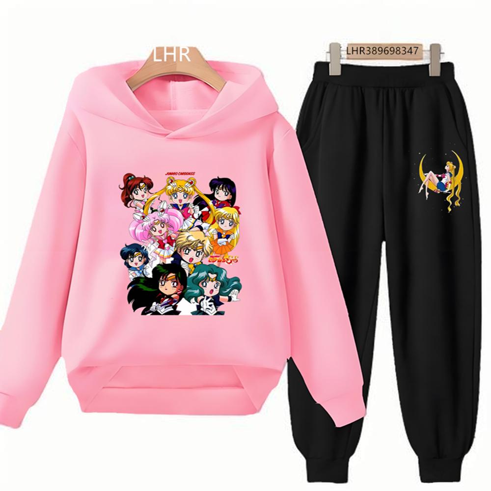Fashion Anime Hoodie Sailor Moon Print Kids Girl Pink 3-12 Years Sweatshirt+Trousers Sports Pullover Coat Leisure Autumn Set