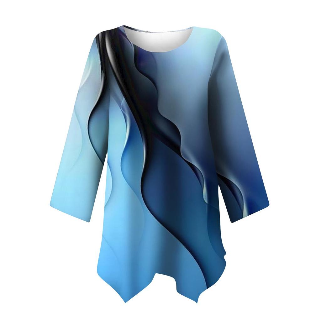 Women's Fashion Retro Print Gradual Colored Round Neck 9/4 Sleeve Irregular Hem T-shirt Top