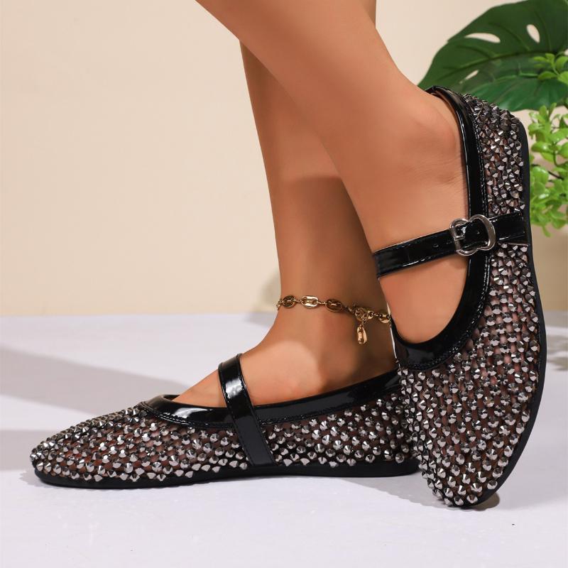 Moda 2025 Luxo Cristal Strass Rede Sapatilhas de Ballet Mulher Design de Marca Rebite Malha Sapatos Mary Jane Senhoras Mocassins de Verão Tamanho