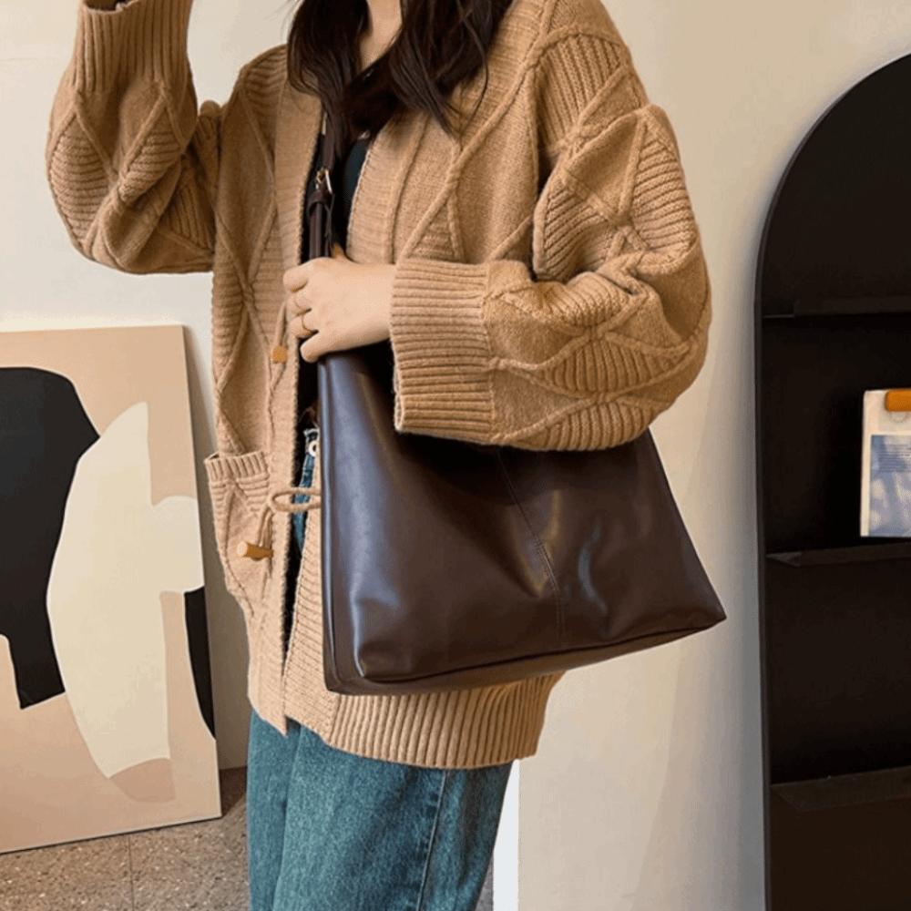 Fashi Large Capacity Vintage Tote Bag Solid Color PU Women's Shoulder Bag Korean Style Handbag Commute Shopping Bag Travel