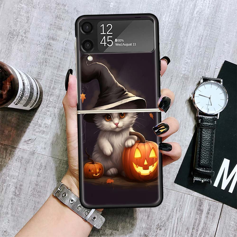 Black Kitten Halloween Pumpkin Cases For Samsung Galaxy Z Flip 4 5 6 7 3 Z Flip7 Flip6 Flip4 Flip5 Flip3 5G Hard Shockproof Fund