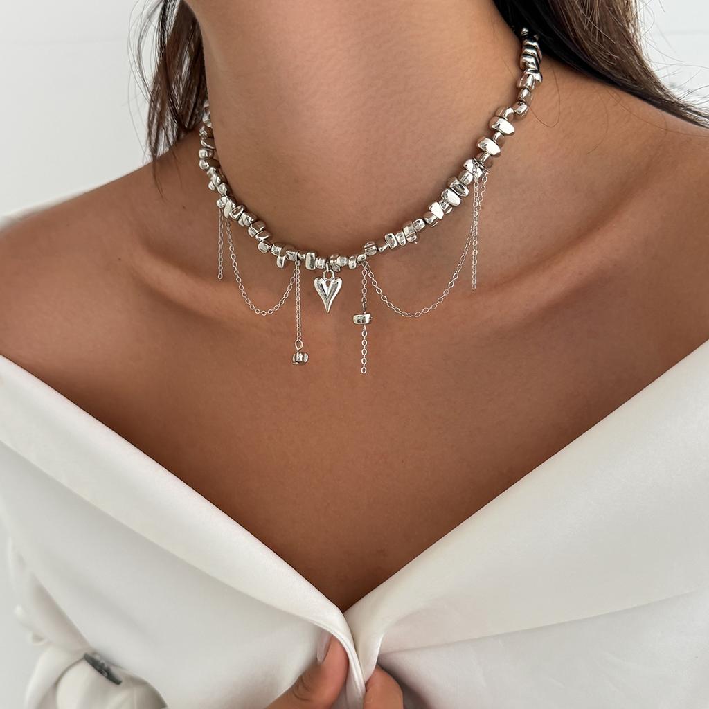 SHIXIN Trendy Irregular CCB Beads Short Choker Necklace for Women Punk Love Heart Pendant Necklace Daily Jewelry Neck Accessory
