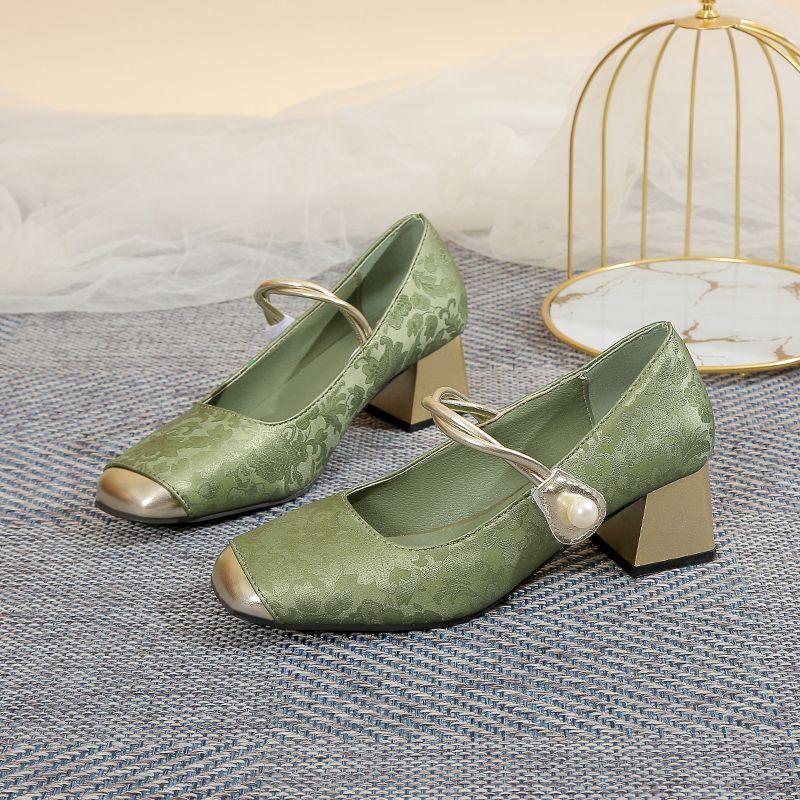 Fashion thick heel square head temperament high heels new Chinese style Mary Jane cheongsam single shoes women's 2025 spring and autumn new