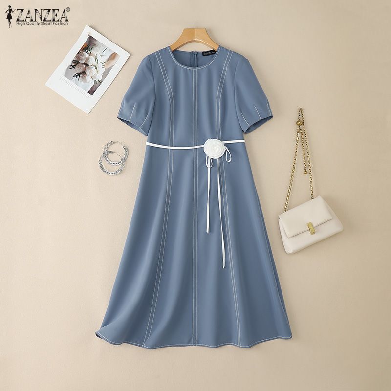 ZANZEA Dámské letní ležérní šaty s kulatým výstřihem s krátkým rukávem