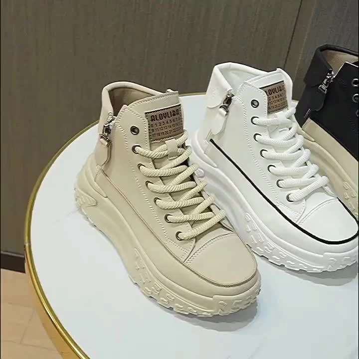 Women's Trendy Platform Sneakers, Lace Up & Side Zipper High Top Skate Shoes, Comfortable Heightening Sports Shoes Plus Size