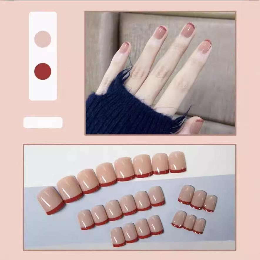 Gradient Ice Transparent French Red Edge Short Wearable Nails - Removable Pure Desire Hot Girl Style False Nail Art Pieces