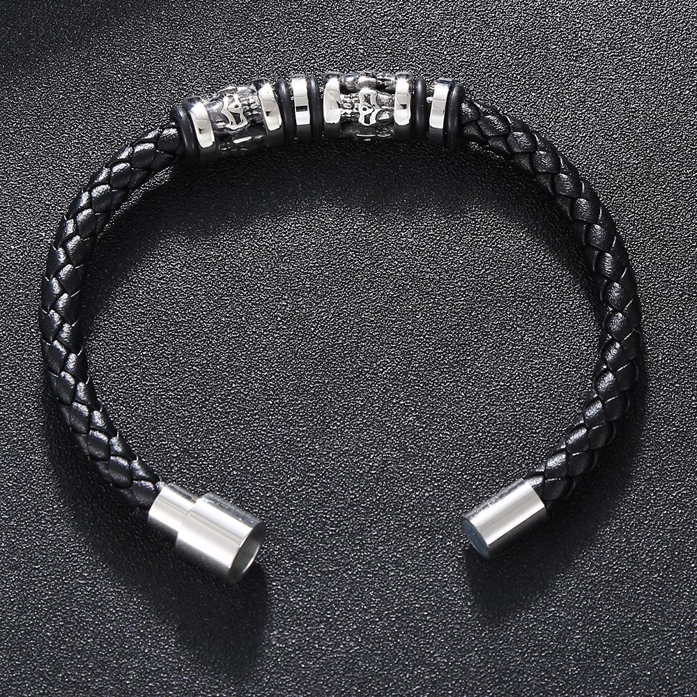 Cross-Border Stainless Steel Skull Leather Bracelet with Magnetic Buckle - Punk Hip Hop Style