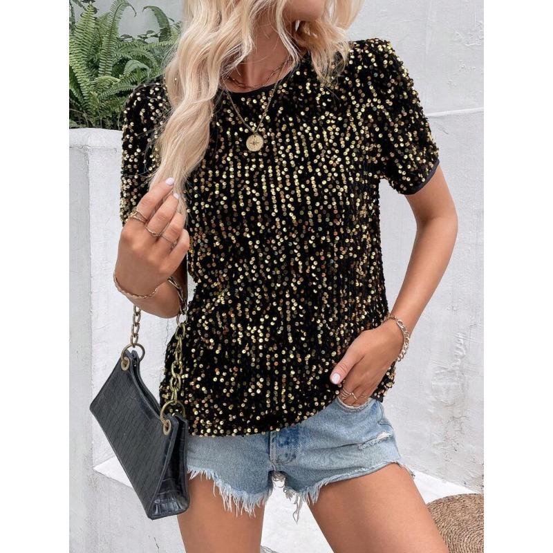 Top da Donna Rosa con Paillettes a Manica Corta Girocollo Casual da Festa Vestibilità Larga Camicetta Maglietta