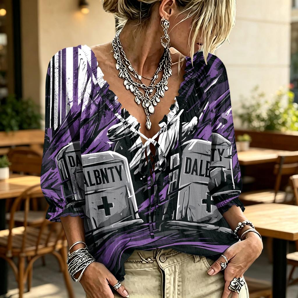 Women's Halloween Print Tie Front Ruffle V Neck Blouse with