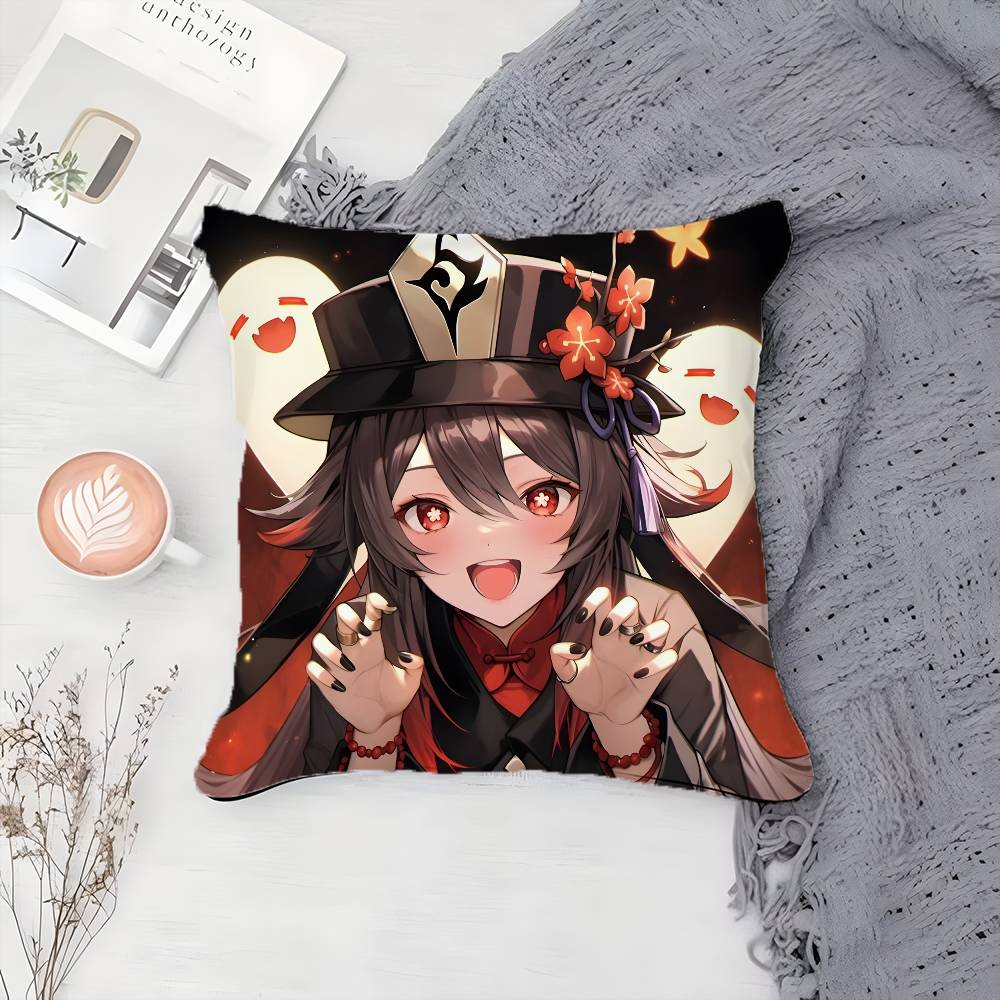 G-Genshin Impact-MT Cute Hu Tao Pillow Case Printing Pillowcase Living Room Sofa Cushion Cover Bedroom Room Decor