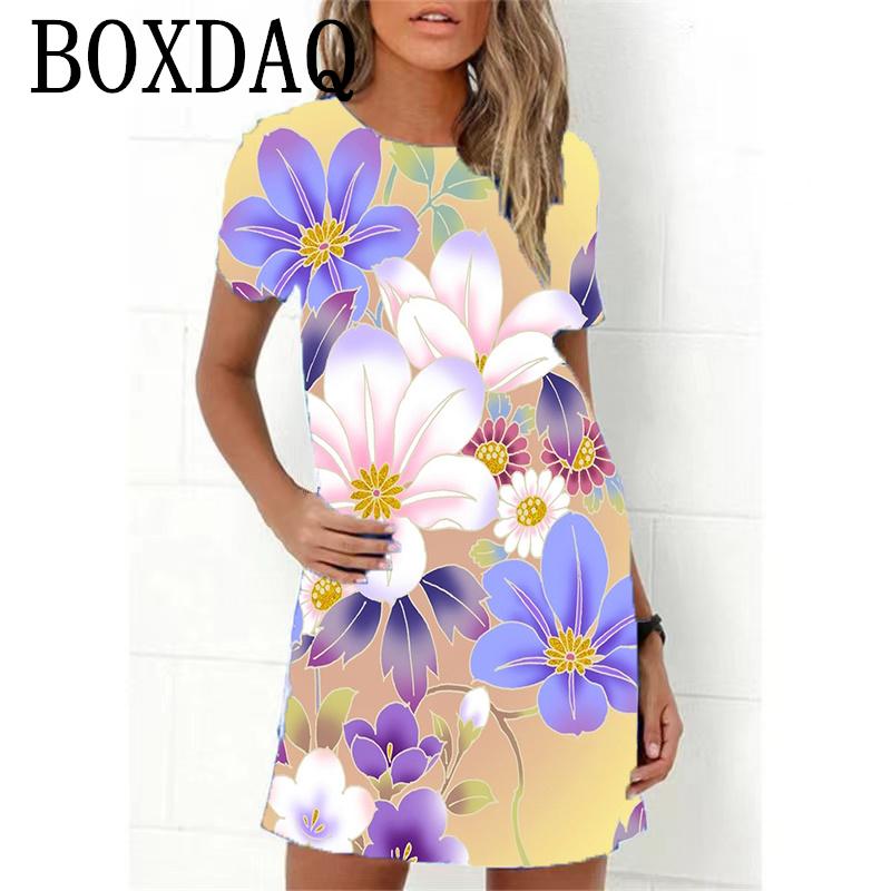Blue Flower Print Women Dress Elegant Sweet Casual Short Sleeve Loose A-Line Dress Oversized Summer Beach Dress Female Sundress