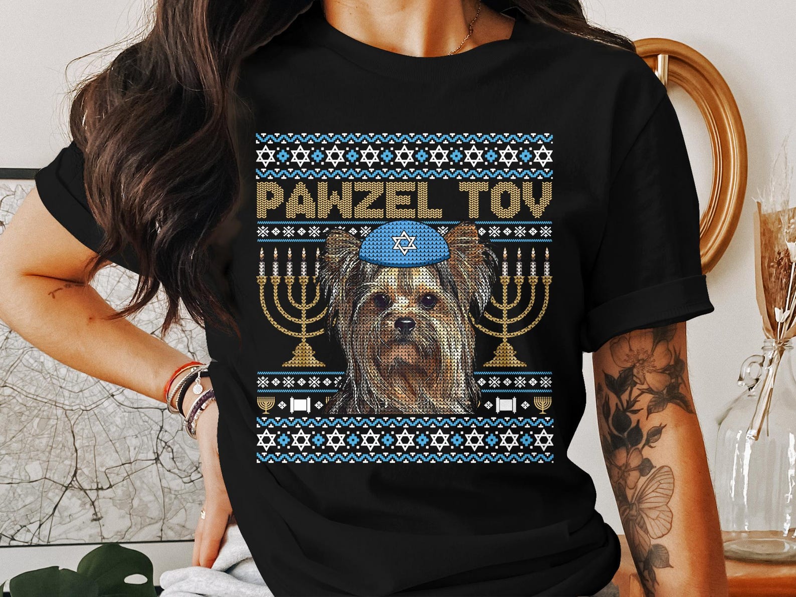 Pawzel Tov Funny Hanukkah T Shirt, Yorkie Dog Menorah Design, Hanukkah Greeting Tee, Cute Yorkshire Terrier T Shirt, Festival Shirt L