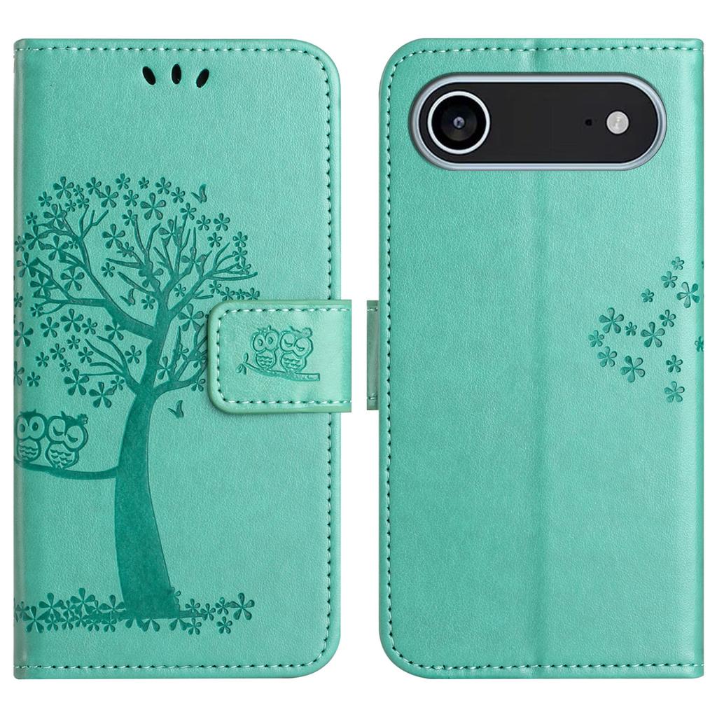 For iPhone 17 Air Case PU Leather Owl Tree Imprinted Wallet Phone Cover with Strap