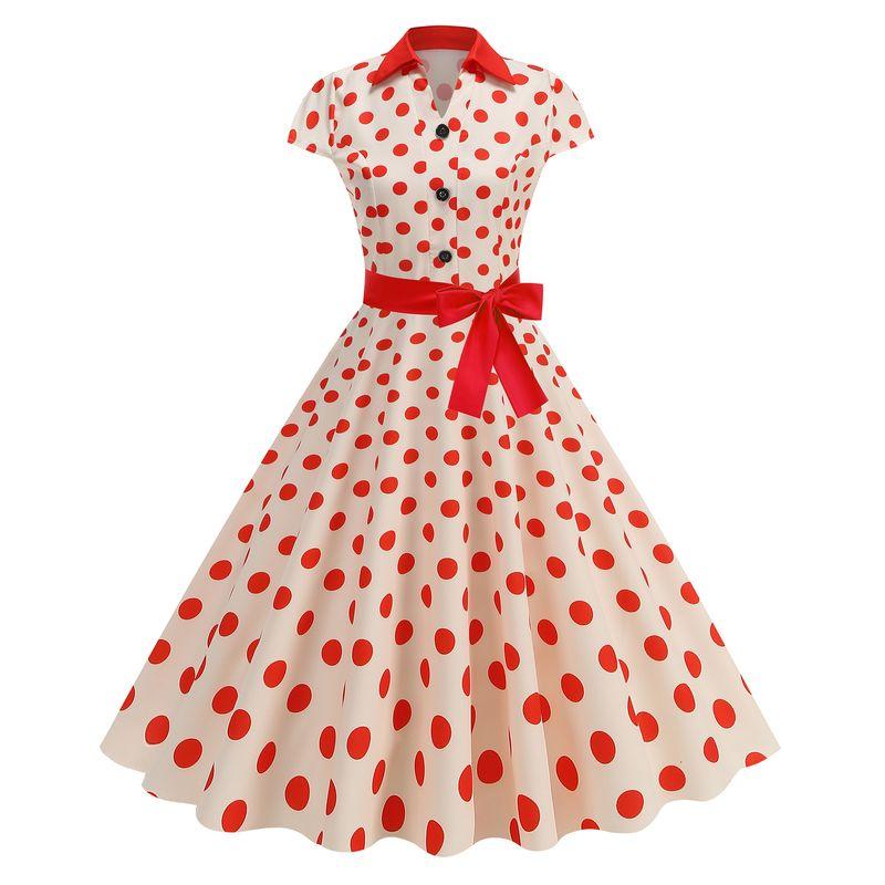

Age Sense Retro Hong Kong Style French Single-Breasted Polka Dot Dots Silm Large Swing Short Sleeve Dress Dress Morning Gowns Women 9807 XL