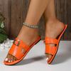 Large size metal buckle decorative flat bottom one-word slippers women's travel beach cool slippers