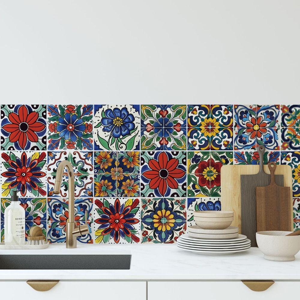 12Pcs Mandala Pattern Backsplash Tile Stickers Multicolor Design PVC Peel and Stick Tile Self-Adhesive Classic Style