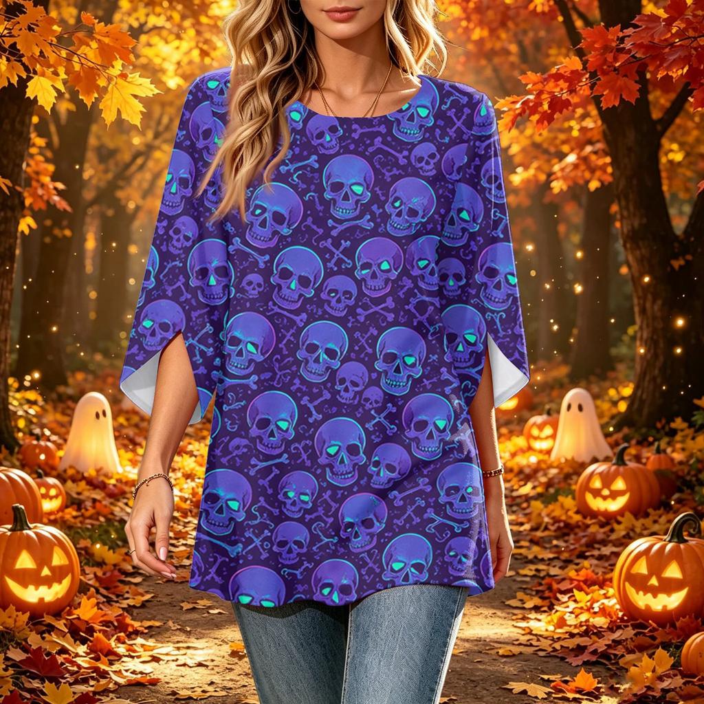 Women's Halloween Print Casual Loose Fit Three-Quarter Sleeve Round Neck Top