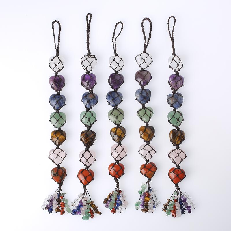 Healing Crystals Stone Car Hanging Mixed Quartz 7 Chakra Heart Shape Stone Pendant for Decoration